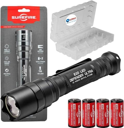 SureFire E2D Defender Ultra (E2DLU-A) 1000 Lumens Dual-Output Tactical Flashlight LED - Bundle with 4 Extra CR123A Batteries and Battery Case - Tailcap Click Switch Light, EDC Defense Flashlights