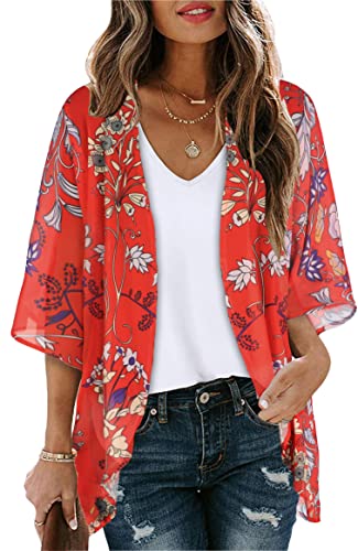 Summer Kimono Cardigan for Women Sheer Boho Tops Casual Open Front Swimwear Shirts Beach Cover ups (Boho Red,XL)