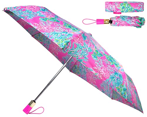 Lilly Pulitzer Travel Umbrella Compact, Cute Umbrella with Automatic Open and Storage Sleeve, Folding Umbrella for Rain or Sun Protection, Seaing Things