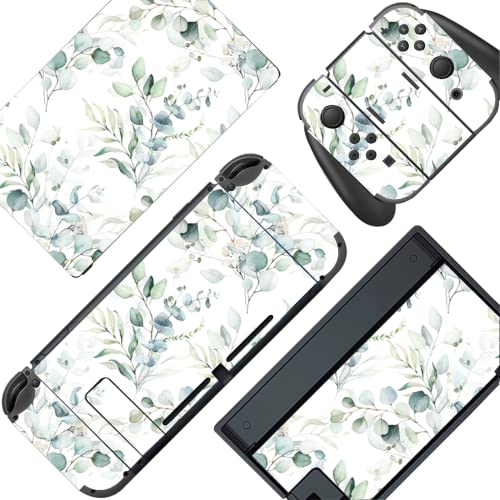 ROIPIN Black Skin Compatible with Nintendo Switch, Protective Film Sticker for Nintendo for Switch Console & Joy-Con Controller & Dock Protection Kit (Green Leaves)