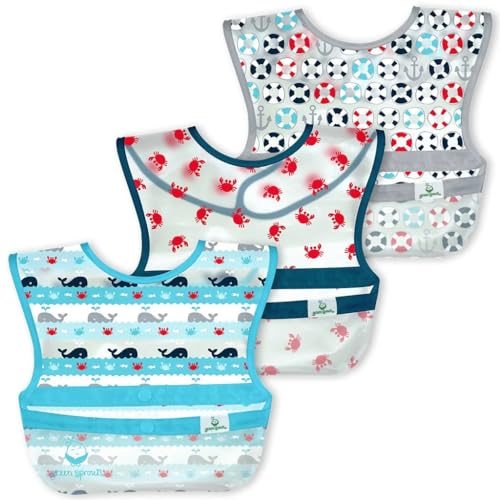 green sprouts Snap + Go Wipe-Off Bibs (3 Pack) | Waterproof, Easy Clean | Catch-All Pocket | Made Without PVC, Formaldehyde