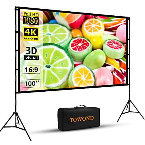 Projector Screen with Stand, Towond 100 inch Outdoor Projector Screen Portable Indoor Projection Screen 16:9 4K Rear Front Movie Screen with Carry Bag for Home Backyard Theater