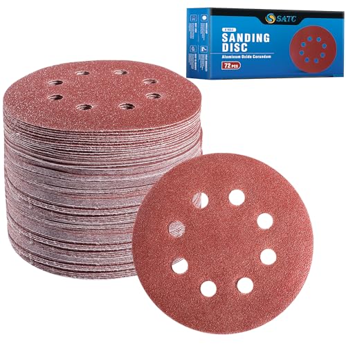 S SATC 72 PCS 5 Inch 8 Hole Hook and Loop Adhesive Sanding Discs Sandpaper for Random Orbital Sander 40 60 80 120 180 240 320 Grits