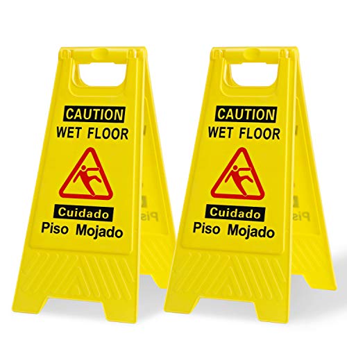 CERLMLAND Caution Wet Floor Sign, Foldable Sturdy Bilingual Double-Sided Safety Warning Signs for Commercial Use, Pool (2-Pack Yellow)