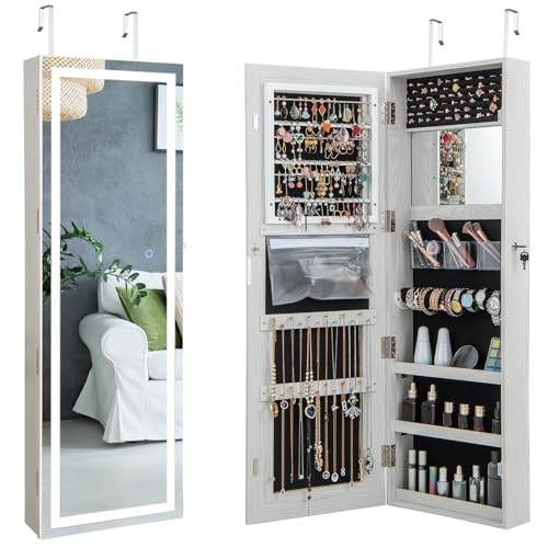 CHARMAID LED Mirror Jewelry Cabinet, 47.2'' Jewelry Armoire with Adjustable Lighted Full Length Mirror, Wall Mounted or Door Hanging, Lockable Jewelry Organizer Storage (Grayish White, 47.2''H)