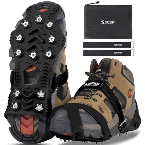 Sfee Crampons for Winter Boots, Upgraded Ice Cleats Stainless Steel Women Men Anti Slip Ice Traction Cleats Grips with Straps, Perfect for Hiking, Walking, Climbing, Ice Fishing(M)