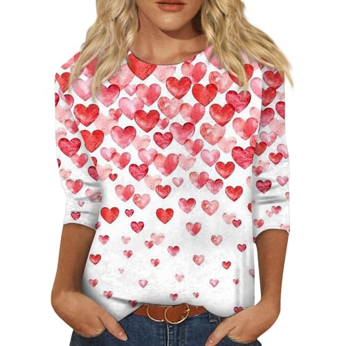 Valentines Day T Shirt Plus Size 3/4 Sleeve Tops for Women Womens Love Heart T-Shirts Trendy Casual 3/4 Sleeve Valentine's Day Graphic Tees Tops Red 3X-Large