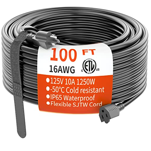 HUANCHAIN 100 FT 16 Gauge Black Indoor Outdoor Extension Cord Waterproof, Flexible Cold Weather 3 Prong Electric Cord Outside, 10A 1250W 125V 16AWG SJTW, ETL Listed