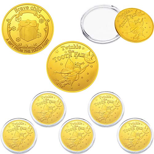 Tooth Fairy Gold Coins for Kids Boys Girls Lost Teeth Reward Commemorative Coin Tooth Fairy Golden Coin with Plastic Case No Fading Tooth Fairy Commemorative Coin for Lost Tooth Kids (5 Pieces)