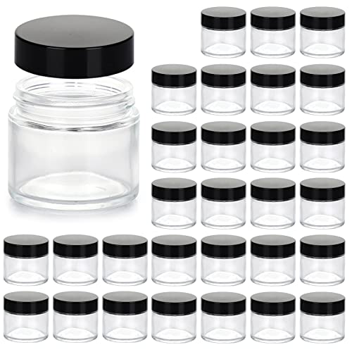 2oz Jars with Lids, HOA Kinh 30 Pack Clear Glass Jars with Lids Empty Cosmetic Containers Round Airtight Glass Jar with Inner Liners and black Lids for Storing Lotions, Powders, and Ointments