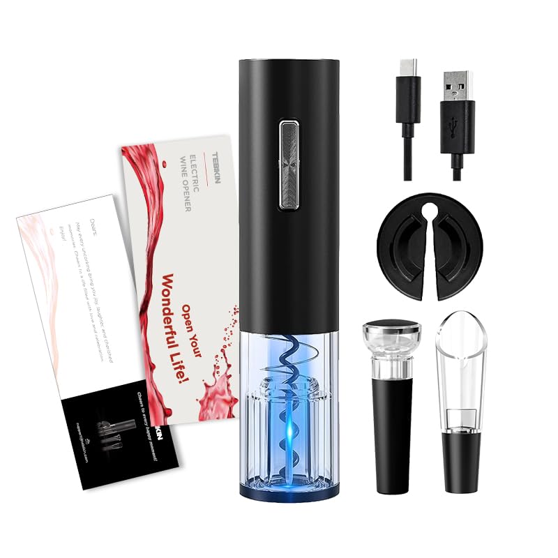 Electric Wine Opener TEBIKIN Rechargeable Wine Bottle Opener Set Type-C Port Automatic Corkscrew with Vacuum Stopper Pourer Foil Cutter Wine Accessories Gifts Father's Day