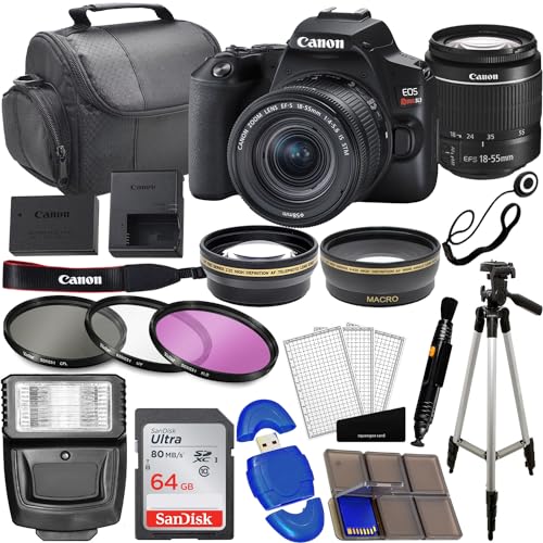 Canon EOS Rebel SL3 DSLR Camera with EF-S 18-55mm Lens Bundle 3 Lens Kit with 64GB Memory, Wide Angle Lens, Telephoto Lens, Carrying Case, Flash + Pro Kit (Renewed)