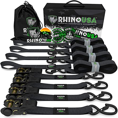 Rhino USA Ratchet Tie Down Straps (4PK) - 1,823lb Guaranteed Max Break Strength, Includes (4) Premium 1' x 15', with Padded Handles. Best for Moving, Securing Cargo (Black 4-Pack)