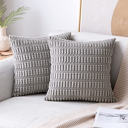 MIULEE Pack of 2 Corduroy Decorative Throw Pillow Covers 18x18 Inch Soft Boho Striped Pillow Covers Modern Farmhouse Home Decor for Sofa Living Room Couch Bed Light Grey