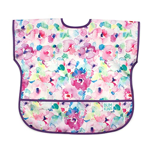 Bumkins Short Sleeve Bib for Girl or Boy, Toddler and Kids for 1-3 Years, Large Size, Essential Must Have for Junior Children, Eating, Mess Saving Soft Fabric Apron for Play, Watercolors Floral