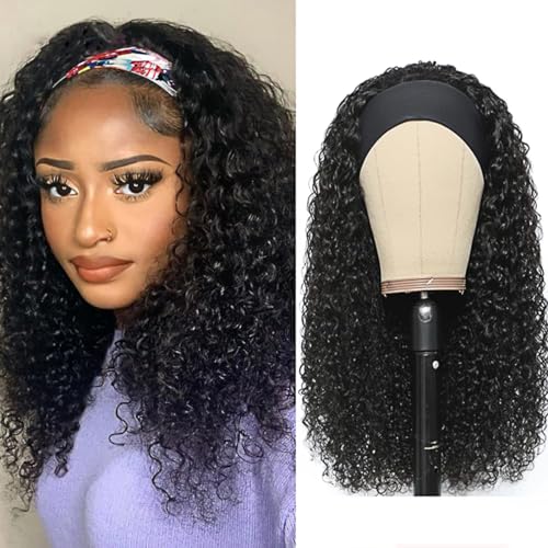 XSY Headband Wig Human Hair Deep Wave 16 Inch Wig Glueless Headband Wig Deep Wave None Lace Front Wigs Human Hair for Black Women 150% Density Wig Curly Hair Natural Color