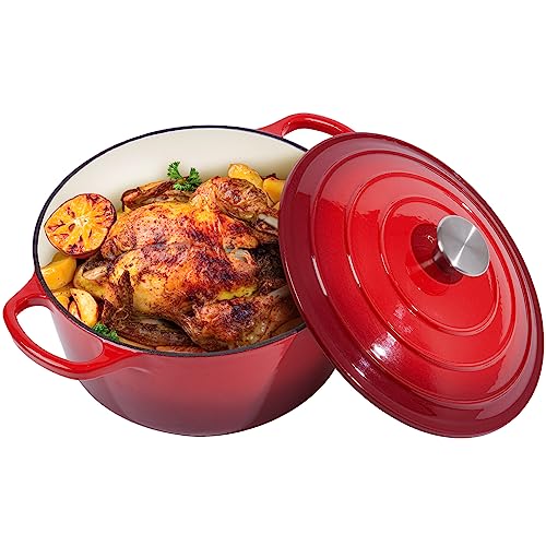6 Quart Enameled Cast Iron Dutch Oven with Lid - Big Dual Handles - Oven Safe up to 500°F - Classic Round Pot for Versatile Cooking Red