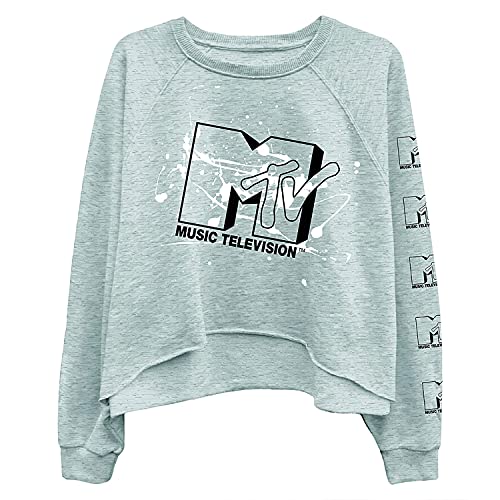 MTV Women's Long Sleeve Raglan Sweatshirt - Nostalgic 90s 'I Want My Print - Casual Raw Edge Fleece Pullover (Heather Grey, Medium)