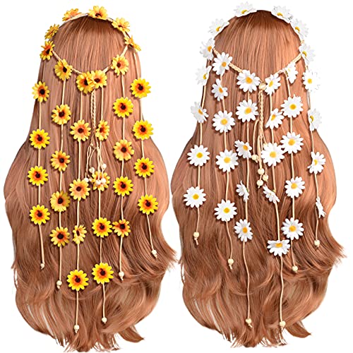 Sucrain 2pcs Flower Hippie Headband Floral Crown Summer Sunflower Hair Accessories for 70 s Bohemian Costumes Style
