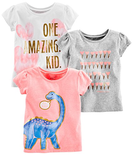 Simple Joys by Carter's Girls' Short-Sleeve Shirts and Tops, Pack of 3, Grey Hearts/Pink Dinosaur/White Text Print, 5T