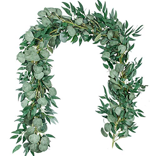 TOPHOUSE 2 Pcs Artificial Eucalyptus Garland with Willow Leaves, 6.5 Ft Fake Greenery Vines Swag for Room Wedding Farmhouse Table Runner Doorways Indoor Outdoor Decor