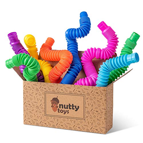 nutty toys 8 pk Pop Tubes Sensory Toys (Large) Fine Motor Skills Learning Toddler Toy for Kids Top ADHD Autism Fidget 2024 Best Preschool Boy Girl Gifts Idea Unique Christmas Toddler Stocking Stuffers