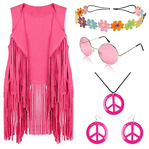 FunMular 60s 70s Outfits for Women Hippie Costume Set Peace Sign Earring Headband Fringe Vest Tassel Cardigan (Pink, M)