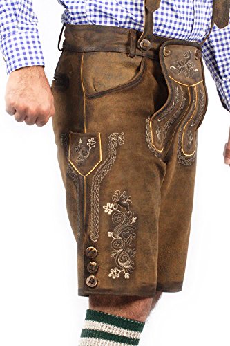 Lederhosen Store | Oktoberfest Bavarian Short Lederhosen Men | Traditional Authentic German Outfit (as1, Waist, Numeric_44, Regular) Brown