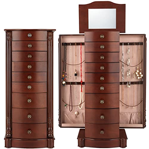 AVAWING Large Standing Jewelry Cabinet Armoire with Top Flip Mirror, 8 Drawers & 16 Necklace Hooks, Jewelry Box Storage Organizer with 2 Side Swing Doors, Retro Wood Standing Jewelry Cabinet Chest