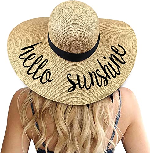 DRESHOW Big Straw Sun Hats for Women Floppy Foldable Roll up Beach Cap Sun Hat UPF 50+ Vacation Honeymoon Embroidered Hat