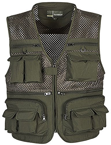 Flygo Mens Mesh Outdoor Work Fishing Travel Photo Vest with 16 Pockets Khaki (XXX-Large, Army Green)