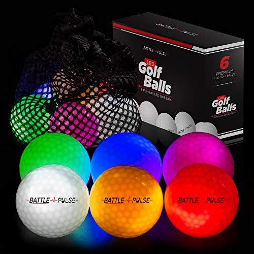 BattlePulse 300-hr Lighting Time Glow in The Dark Golf Balls with Mesh Bag | Water Resistant Glow Golf Balls | 6 pc Light Up Golf Balls | LED Light Glow Balls | Glow in The Dark Ball | 3-Layer Design