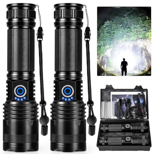 LBE Rechargeable LED Flashlights High Lumens, 900,000 Lumens Super Bright Flashlights with 5 Modes, Waterproof Powerful Flash Light Multifunctional Flashlights for Home Camping Hiking(2 Pack)