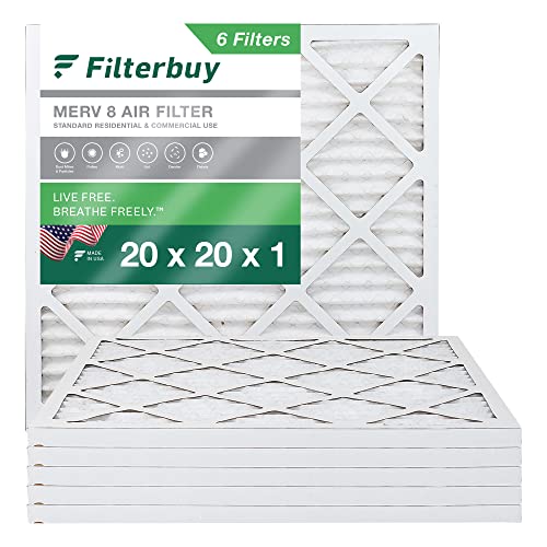 Filterbuy 20x20x1 Air Filter MERV 8 Dust Defense (6-Pack), Pleated HVAC AC Furnace Air Filters Replacement (Actual Size: 19.50 x 19.50 x 0.75 Inches)