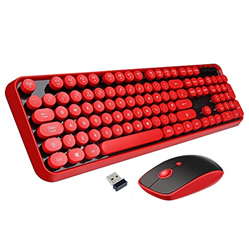Wireless Keyboard Mouse Combo, 2.4GHz Typewriter Keyboard, Letton Full Size Office Computer Retro Keyboard and Cute Mouse with 3 DPI for Mac PC Desktop Laptop-Red