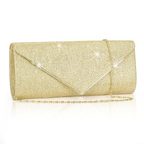 Larcenciel Clutch Purses for Women, Sparkling Envelope Evening Bag with Detachable Chain, Glitter Sequins Metal Formal Handbag Shoulder Crossbody Bag Prom Party Purse Bridal Wedding Clutch Bag(Gold)