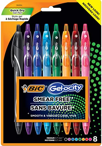 BIC Gel-ocity Quick Dry (Dries Up To 3x Faster) SUPER BRIGHT COLORS, Smear Free, Assorted Colors Retractable Gel Pens, Medium Point (0.7mm), Colorful Pens for adults Women & Men, 8 Count (Pack of 1)