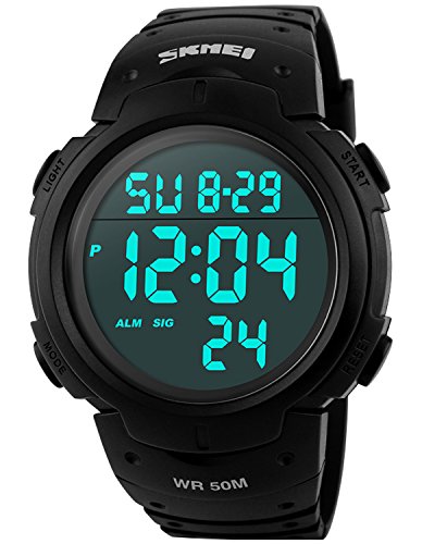 PASOY Unisex Simple Outdoor Sports Watch Big Dial Digital Light Swim Waterproof Rubber Band Alarm Black LED Watches for Mens and Women 50MM