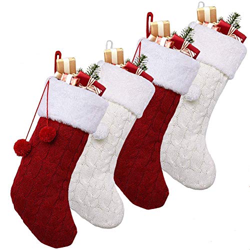 OurWarm 18' Christmas Stockings, 4pcs Cable Knit Christmas Stockings with Plush Faux Fur for Family Holiday Decorations, Large Knitted Rustic Xmas Stockings, Cream or Burgundy
