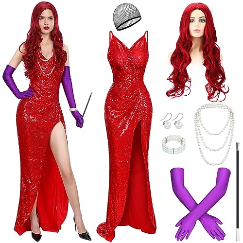 Xaatren 8 Pcs Adult Women Rabbit Costume Include Necklace Wig Gloves Dress Bracelet Props Holder Earrings Halloween Cosplay(Large)