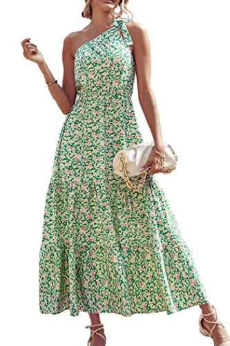 PRETTYGARDEN Women's Floral Maxi Dress 2024 Knot One Shoulder Sleeveless Ruffle Hem Flowy Boho Dresses(Green White,Small)