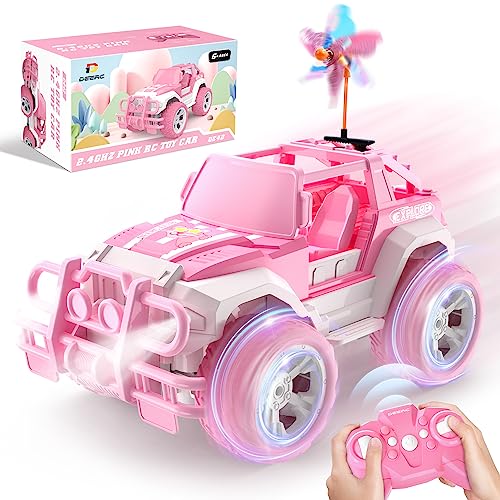 DEERC Pink RC Cars with 2 Windmills, 1:18 Remote Control Car for Girls, 80 Min Play 2.4Ghz LED Light Auto Mode Off Road RC Trucks with Storage Case,All Terrain SUV Jeep Cars Toys Gifts for Kids, Boys