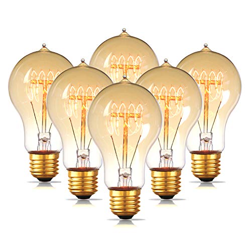 Jslinter 6-Pack Edison Light Bulb 60 Watt, Dimmable A19 Antique Vintage Old Fashioned E26 Incandescent Light Bulbs, Amber Warm White