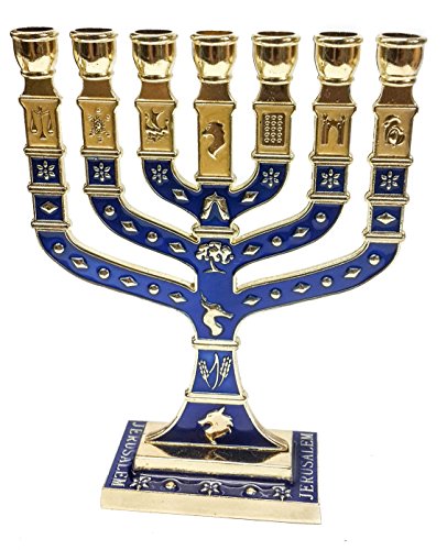 Golden Menorah 7 Branch 12 Tribes Of Israel Jerusalem Menora Blue Enamel 4.7'