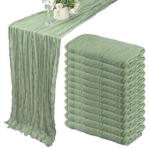 12 Pack 10Ft Cheesecloth Table Runner 35x120 Inch Boho Gauze Table Runner Cheese Cloth Long Table Runner Romantic Table Runner for Wedding Bridal Shower Birthday Party Table Decor (Dusty Sage Green)