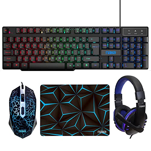 Naxa NG-5000A 4-in-One Professional Gaming Combo with Full-Size LED Backlit Keyboard, Wired Mouse, Headphones, and Mouse Pad, Blue