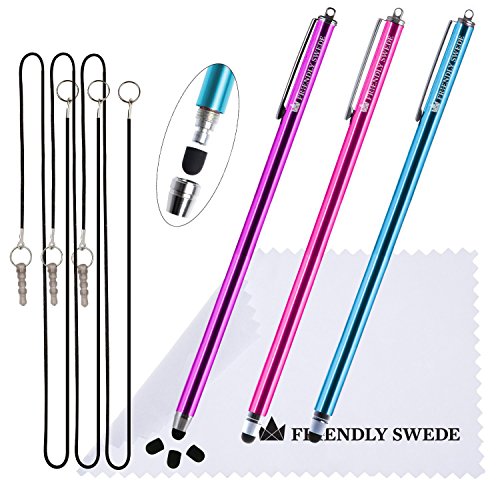 The Friendly Swede Set of 3 Extra Long Thin-Tip High Precision Capacitive Stylus Pens For Touch Screens 7.3' - Incl. Elastic Lanyards, 3 Replaceable Tips and Cleaning Cloth - Hot Pink/Purple/Aqua Blue
