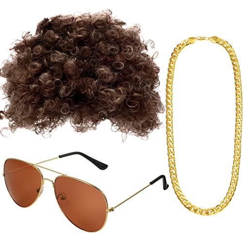 Gejoy Hippie Costume Set Funky Afro Wig Sunglasses Necklace for 50/60/70s Theme Party (Style A), gold, Medium