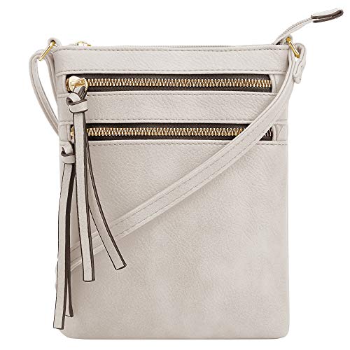 DELUXITY | Crossbody Purse Bag | Functional Multi Pocket Double Zipper Purse | Adjustable Strap | Medium Size Purse | Beige