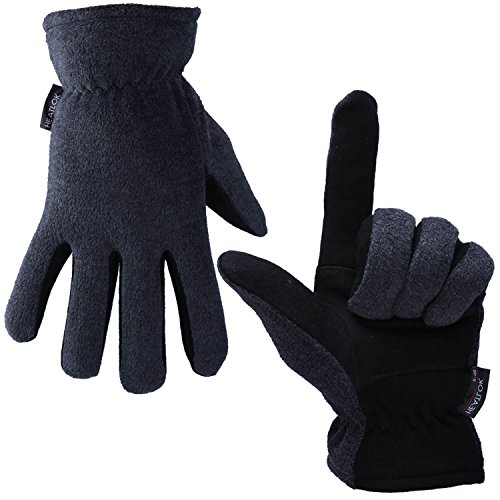 OZERO Deerskin Suede Leather Palm and Polar Fleece Back with Heatlok Insulated Cotton Layer Thermal Gloves, Large - Grey-Black